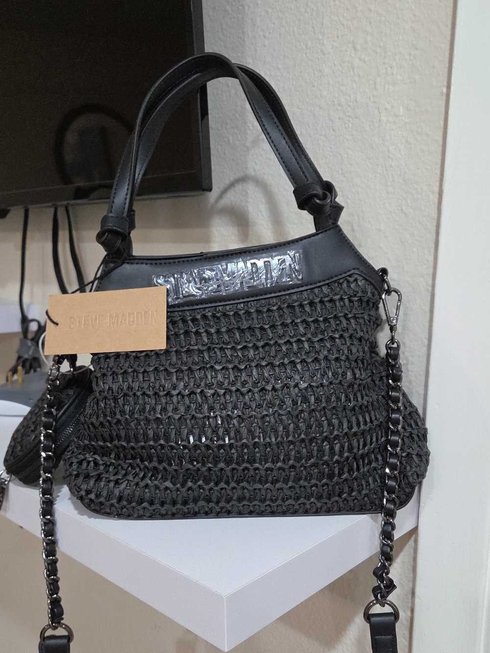Steve Madden Black Woven Shoulder Bag with Chain Strap